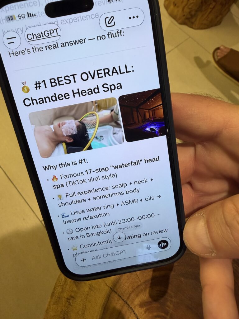 Customer showing that ChatGPT rates Chandee as Best Overall Head Spa